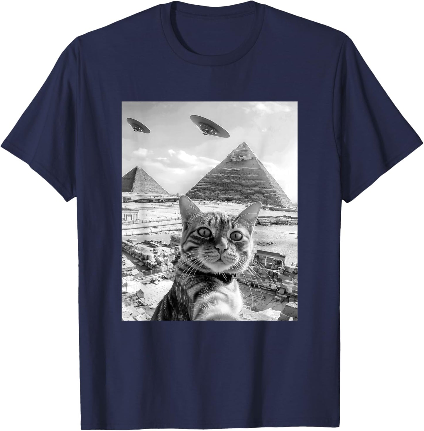 Funny Cat Selfie with Pyramids Alien UFOs Men Women Girls Kids T-Shirt - T-Shirt | Navy