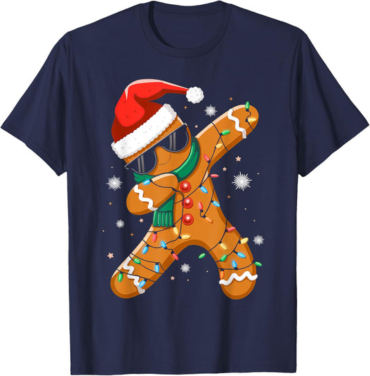 Dabbing Gingerbread Xmas Lights Boys Girls Kids Christmas T-Shirt - T-Shirt | Navy