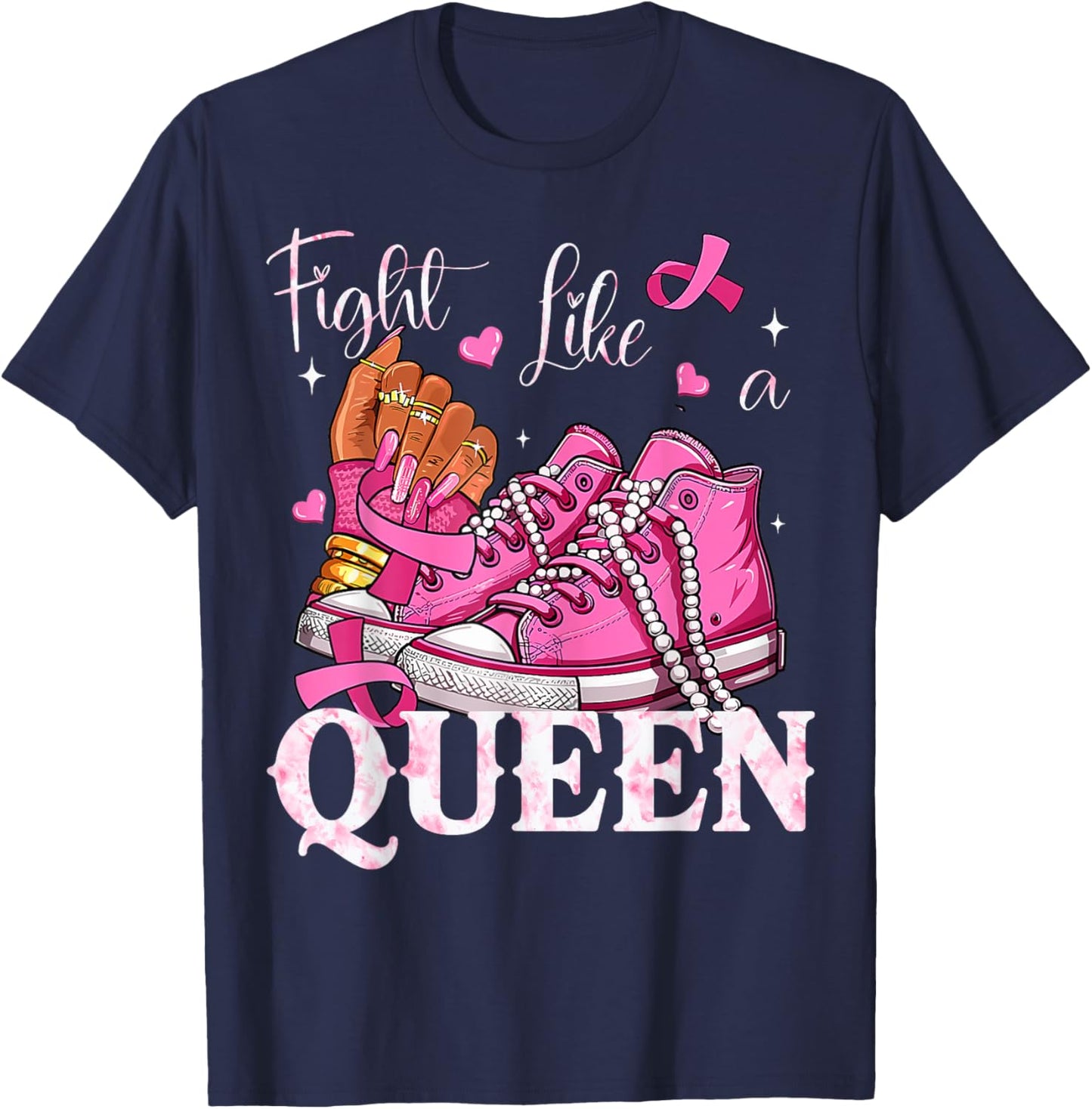 Afro Queen Black Women Breast Cancer Survivor Pink Ribbon T-Shirt - T-Shirt | Navy