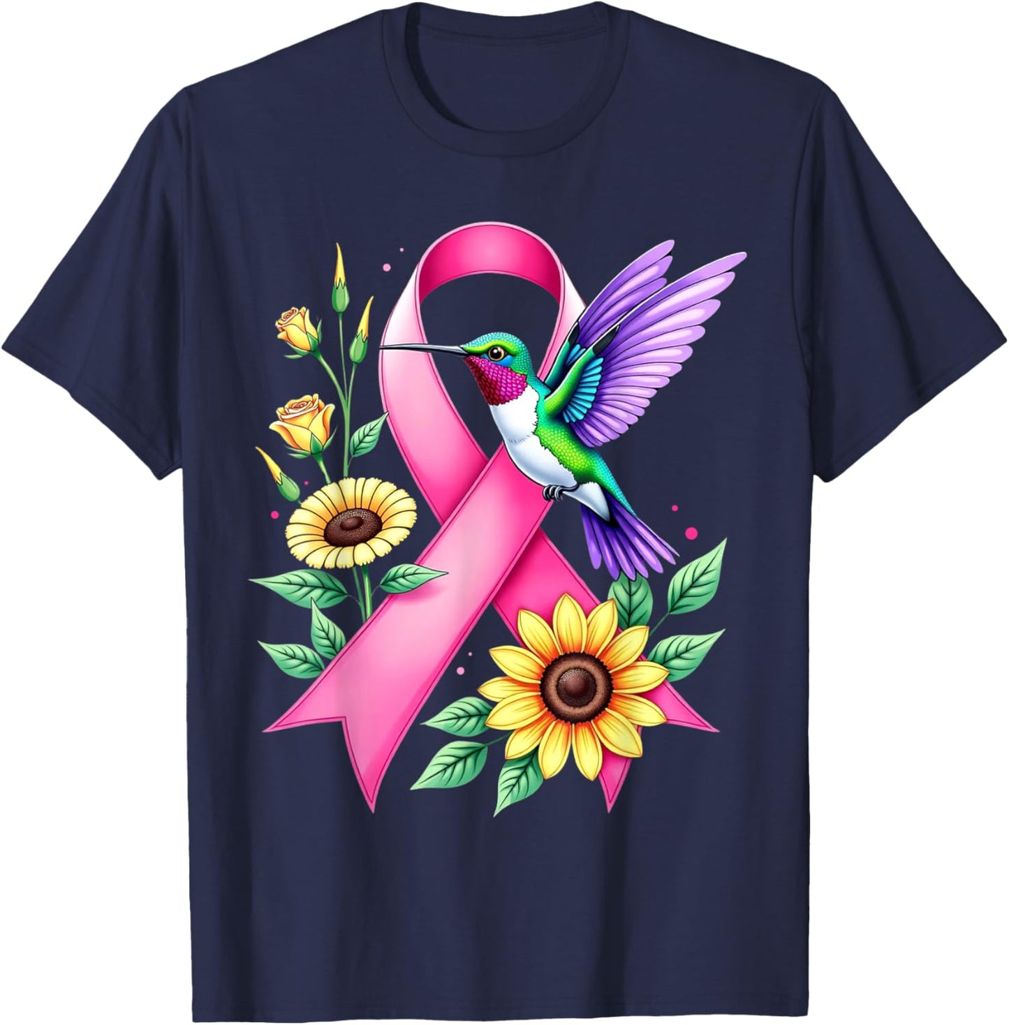 Hummingbird Sunflower Pink Ribbon Breast Cancer Awareness T-Shirt - T-Shirt | Navy