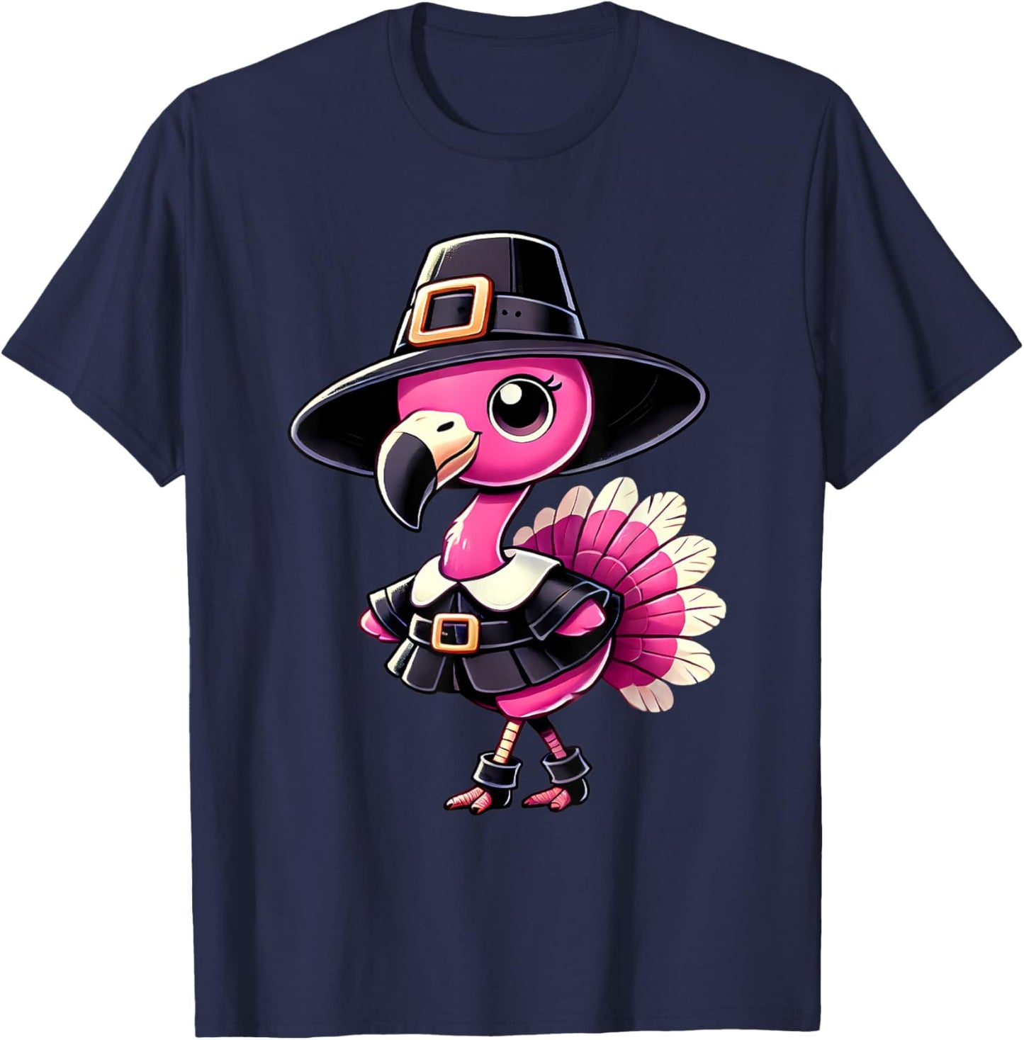 Cute Flamingo Pilgrim Hat Thanksgiving Fall Men Women Kids T-Shirt - T-Shirt | Navy