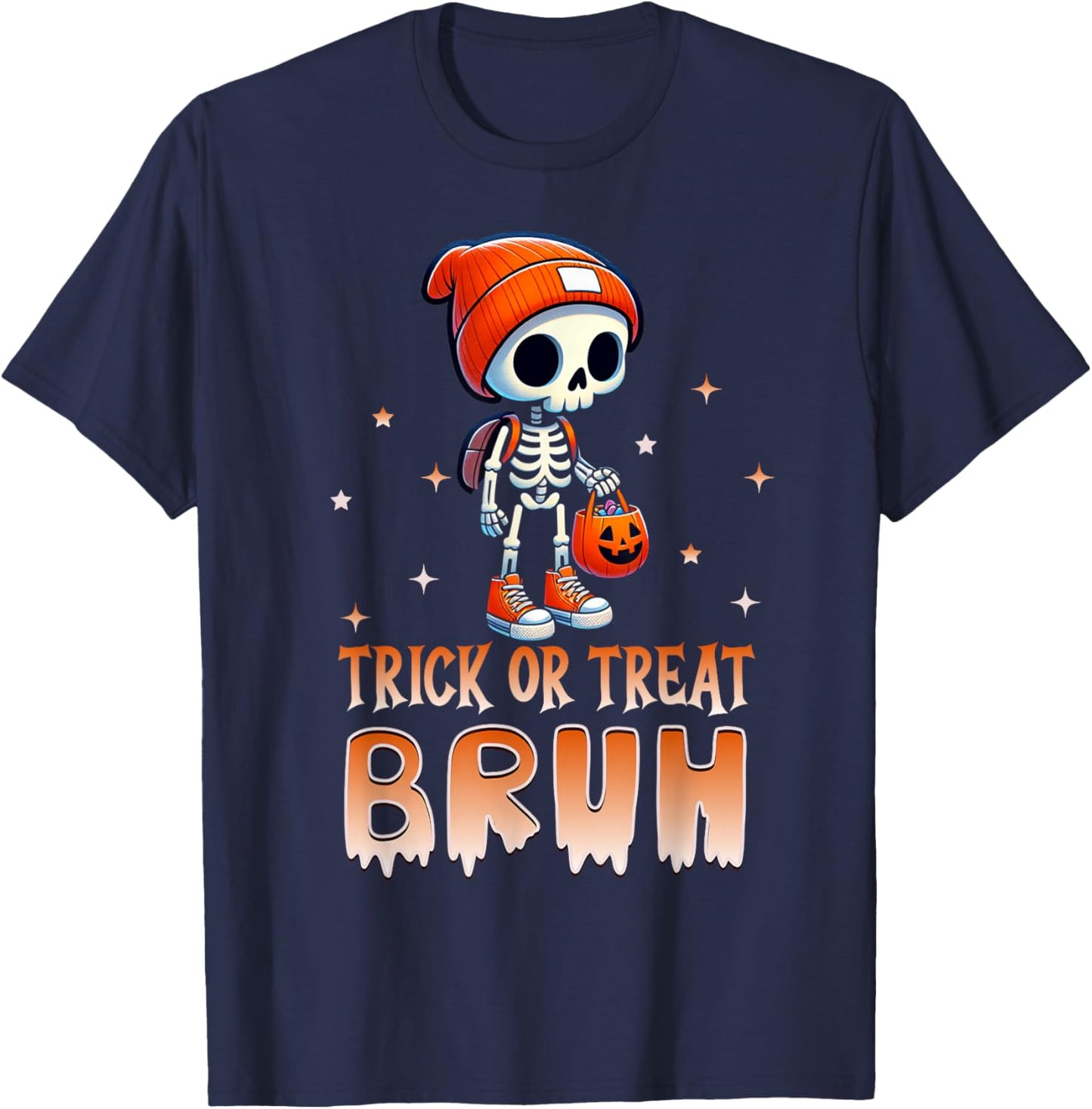 Bruh Halloween Skeleton Trick or Treat Bruh Kids Boys Funny T-Shirt - T-Shirt | Navy