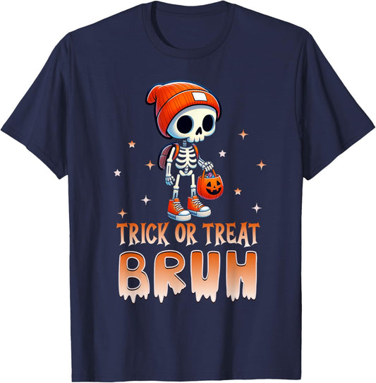 Bruh Halloween Skeleton Trick or Treat Bruh Kids Boys Funny T-Shirt - T-Shirt | Navy