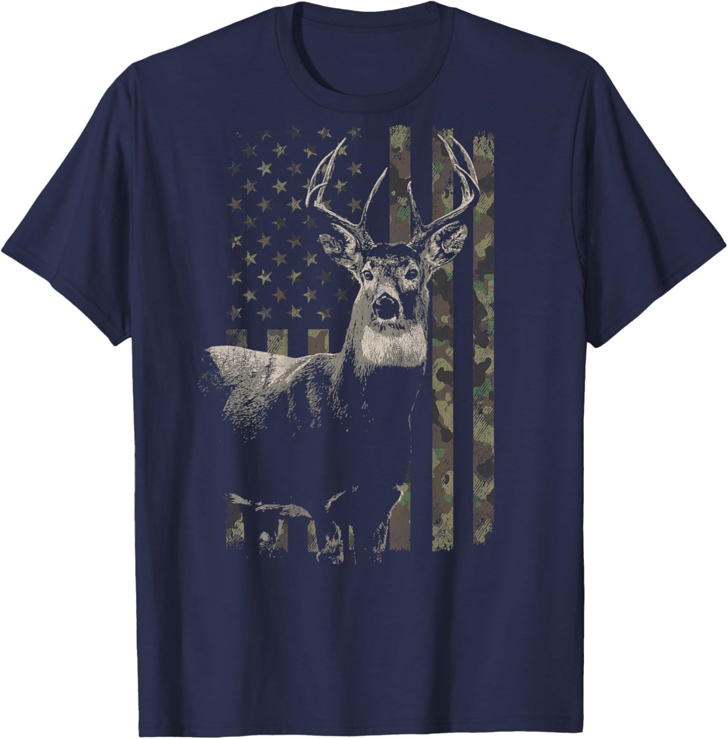 Hunting Camo American Flag Deer Camouflage (Design on Back) T-Shirt - T-Shirt | Navy