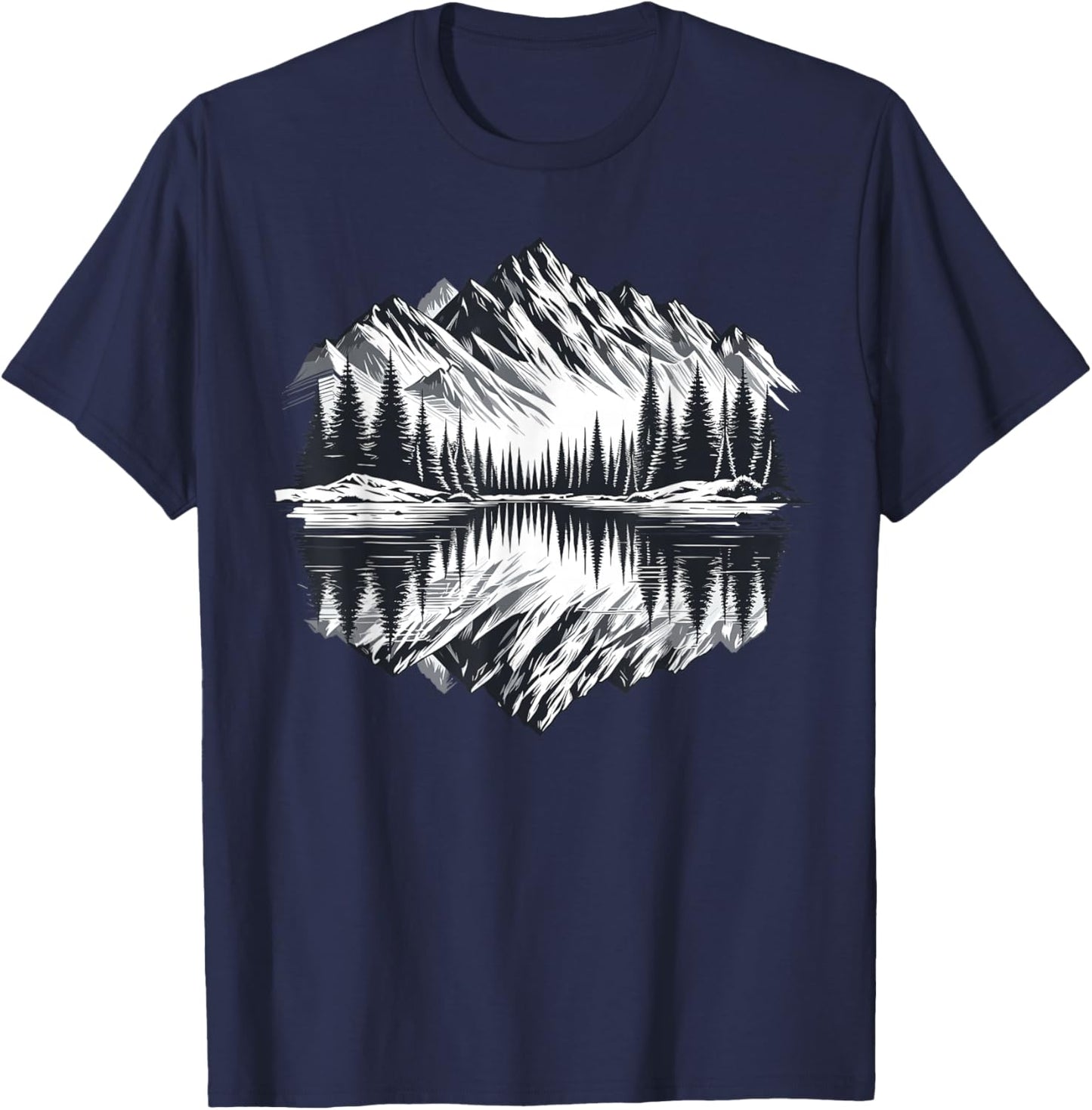 Mountain Landscape Retro Reflection Forest Outdoor Wildlife T-Shirt - T-Shirt | Navy