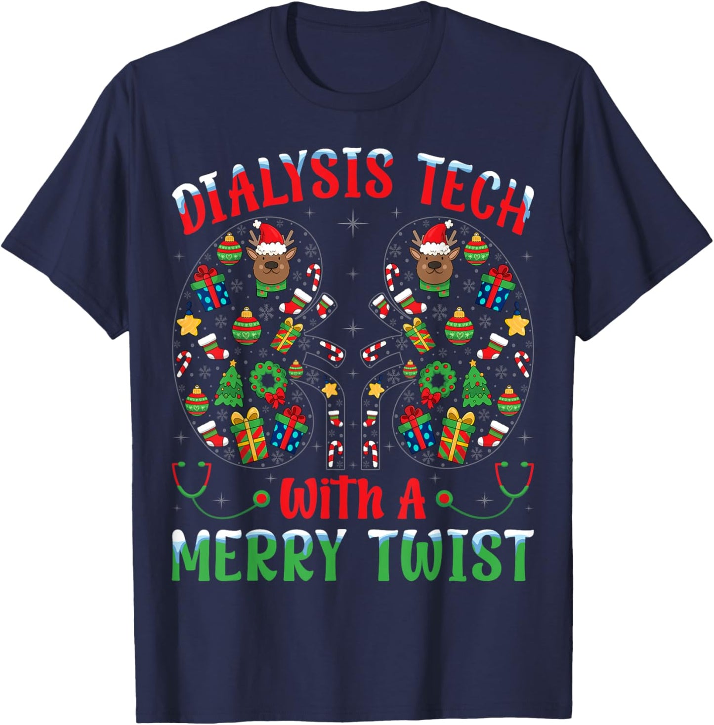 Dialysis Tech With A Merry Twist - Nephrology Tech Christmas T-Shirt - T-Shirt | Navy