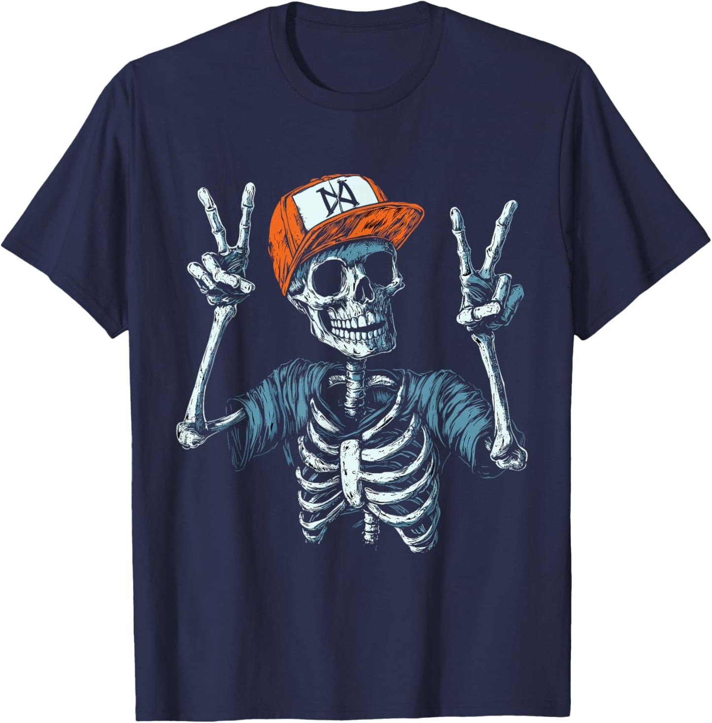 Skeleton Hand Peace Sign Bone T-Shirt - T-Shirt | Navy