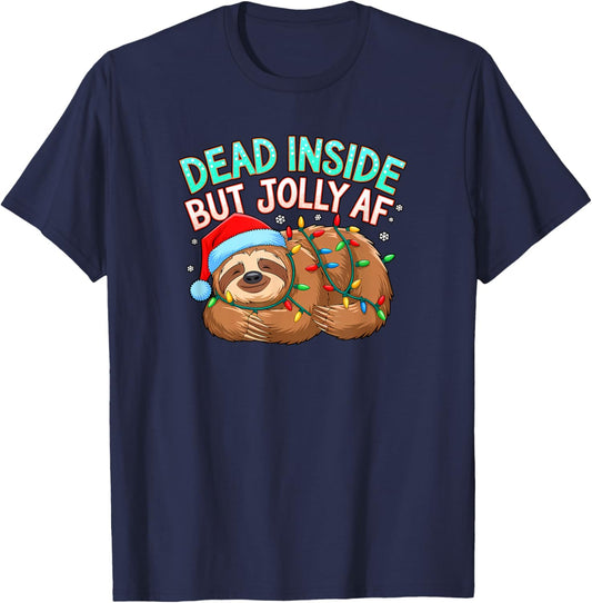 Dead Inside But Jolly AF Funny Santa Sloth Christmas Holiday T-Shirt - T-Shirt | Navy