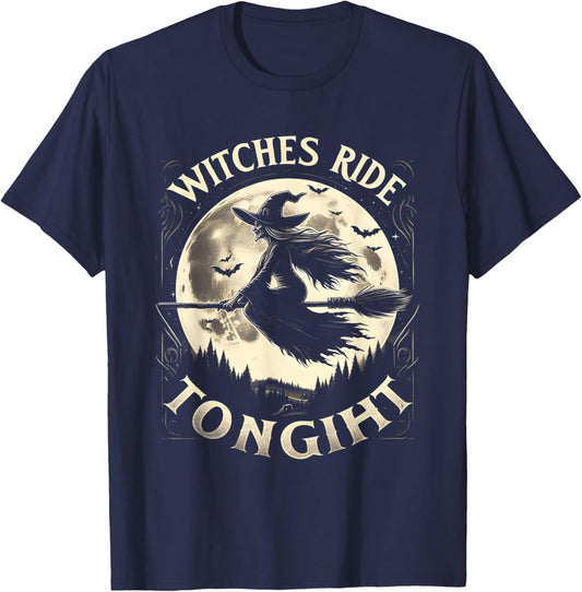 Witches Ride Tonight Halloween Witch on Broom T-Shirt - T-Shirt | Navy