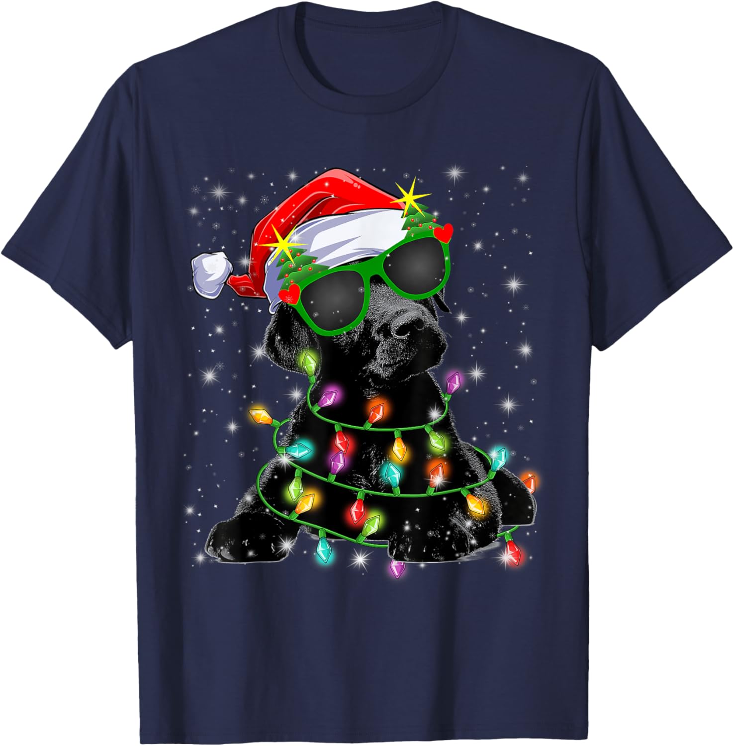 Black Labrador Christmas Tree Lights Labrador Dog Xmas 2024 Men Women Kids T-Shirt - T-Shirt | Navy