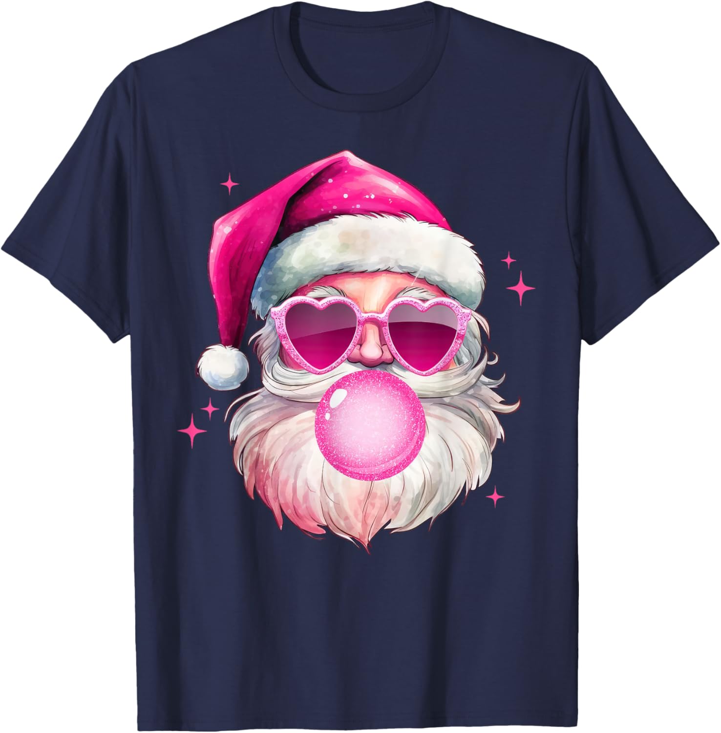 Cute Pink Santa Christmas Blowing Bubble Gum Xmas Girls T-Shirt - T-Shirt | Navy