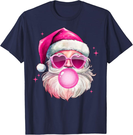 Cute Pink Santa Christmas Blowing Bubble Gum Xmas Girls T-Shirt - T-Shirt | Navy
