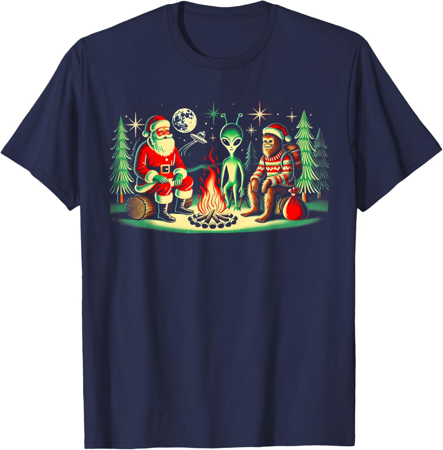 Santa Bigfoot and Alien Sat Around a Fire at Camp, Christmas T-Shirt - T-Shirt | Navy