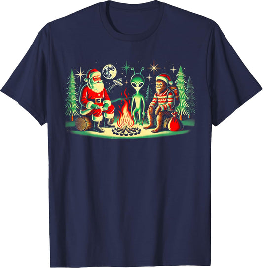 Santa Bigfoot and Alien Sat Around a Fire at Camp, Christmas T-Shirt - T-Shirt | Navy