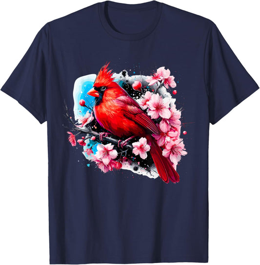 Magical and Funny Bird Watching Gifts Red Cardinal Bird with Cherry Blossom Adult , Small, Black, Short Sleeve, Classic Fit, Polyester 100% T-Shirt - T-Shirt | Navy