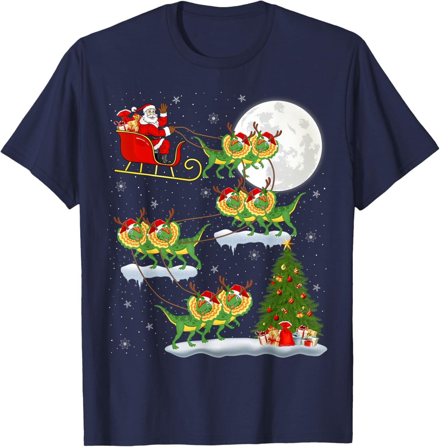 Xmas Lights Santa Riding Dilophosaurus Dinosaur Christmas T-Shirt - T-Shirt | Navy