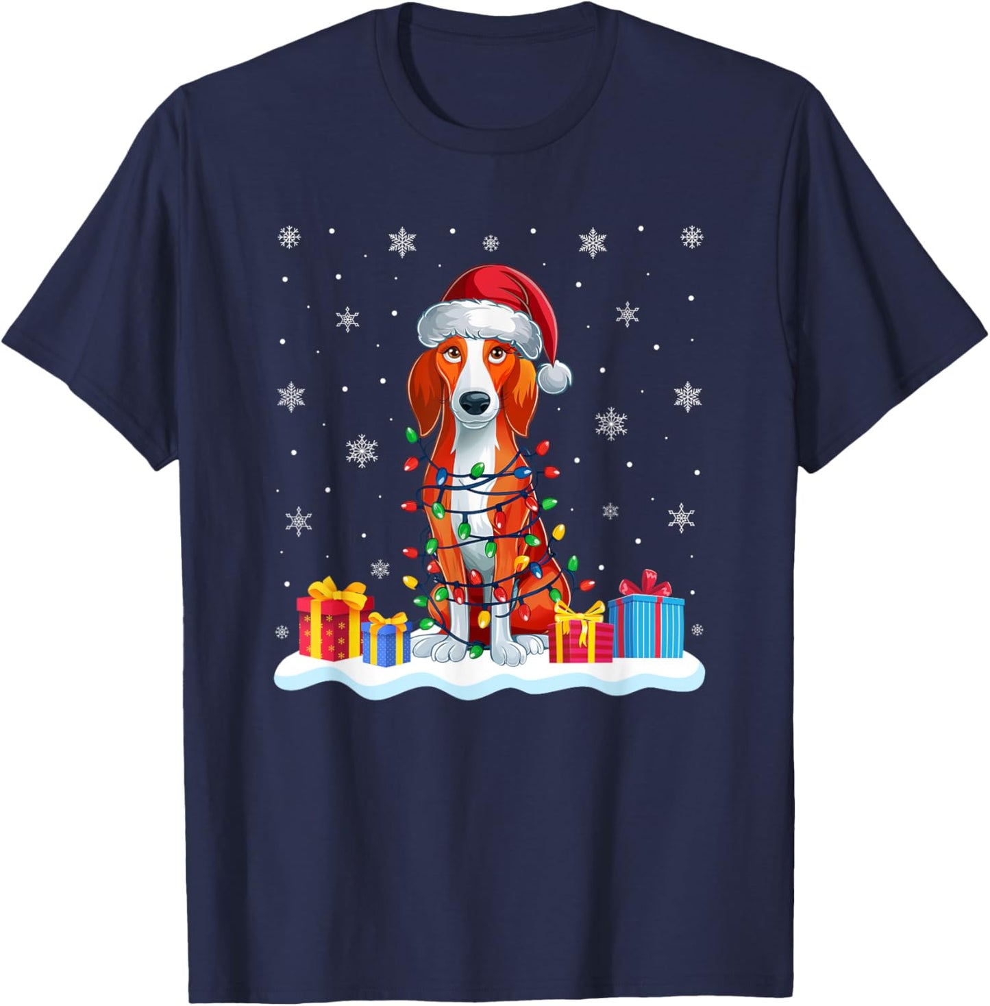 American Foxhound Dog Santa Hat Christmas Tree Light Xmas Pj T-Shirt - T-Shirt | Navy