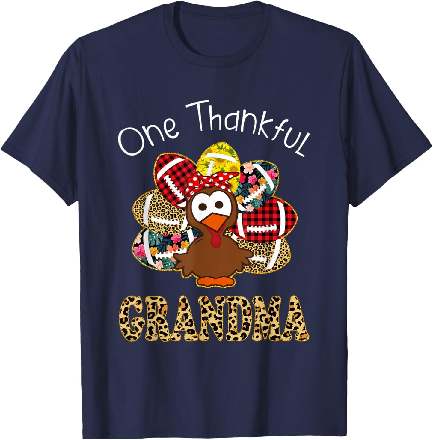 One Thankful Grandma Turkey Leopard Fall Thanksgiving Gift T-Shirt - T-Shirt | Navy