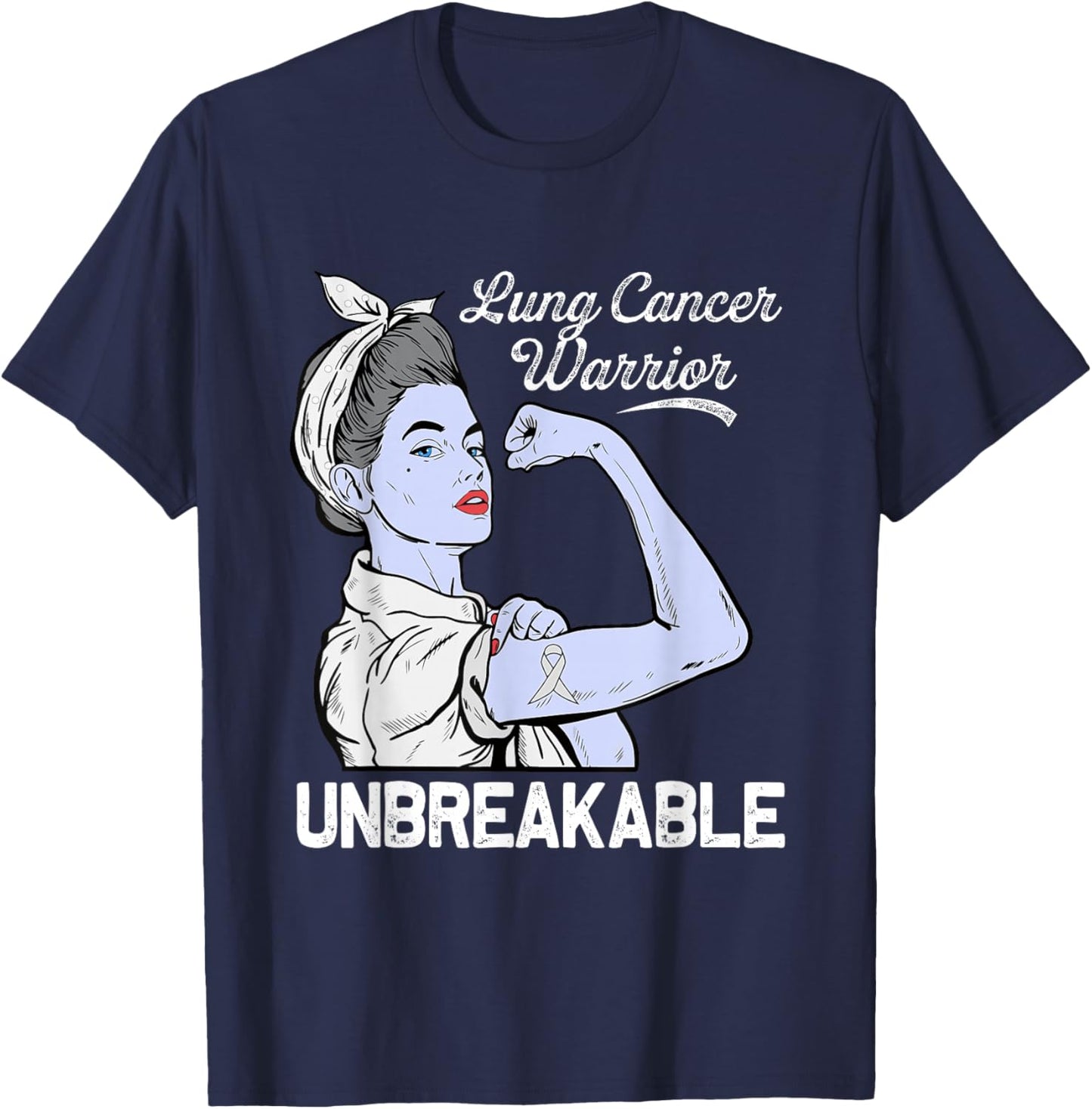 Lung Cancer Warrior Awareness White Ribbon Support T-Shirt - T-Shirt | Navy