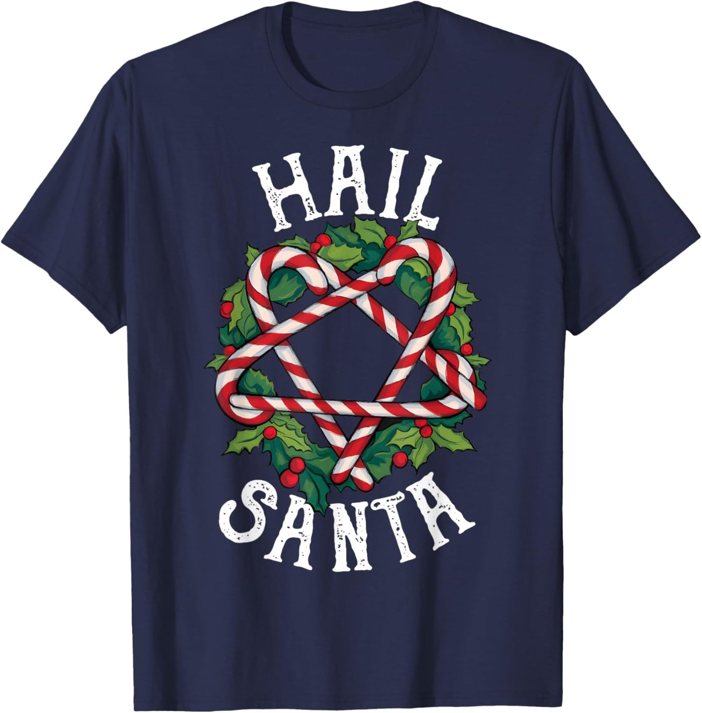 Hail Santa Candycane Pentagram Gothmas Funny Goth Christmas T-Shirt - T-Shirt | Navy