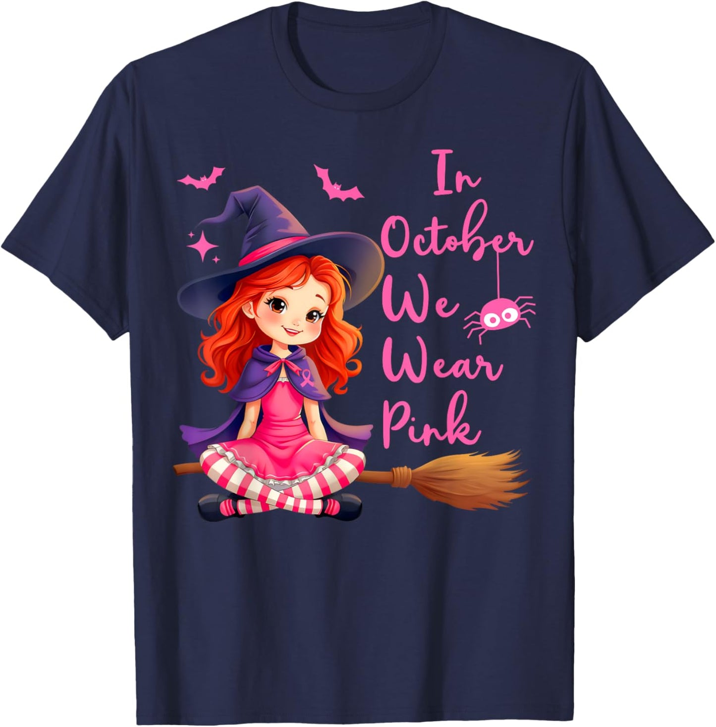 In October We Wear Pink Witch broom Breast Cancer Halloween T-Shirt - T-Shirt | Navy