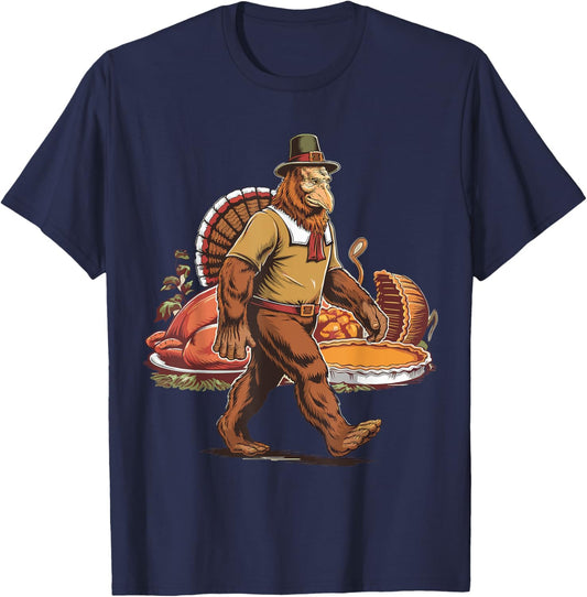 Bigfoot Pilgrim Turkey Pumpkin Thanksgiving Day Boys Men T-Shirt - T-Shirt | Navy