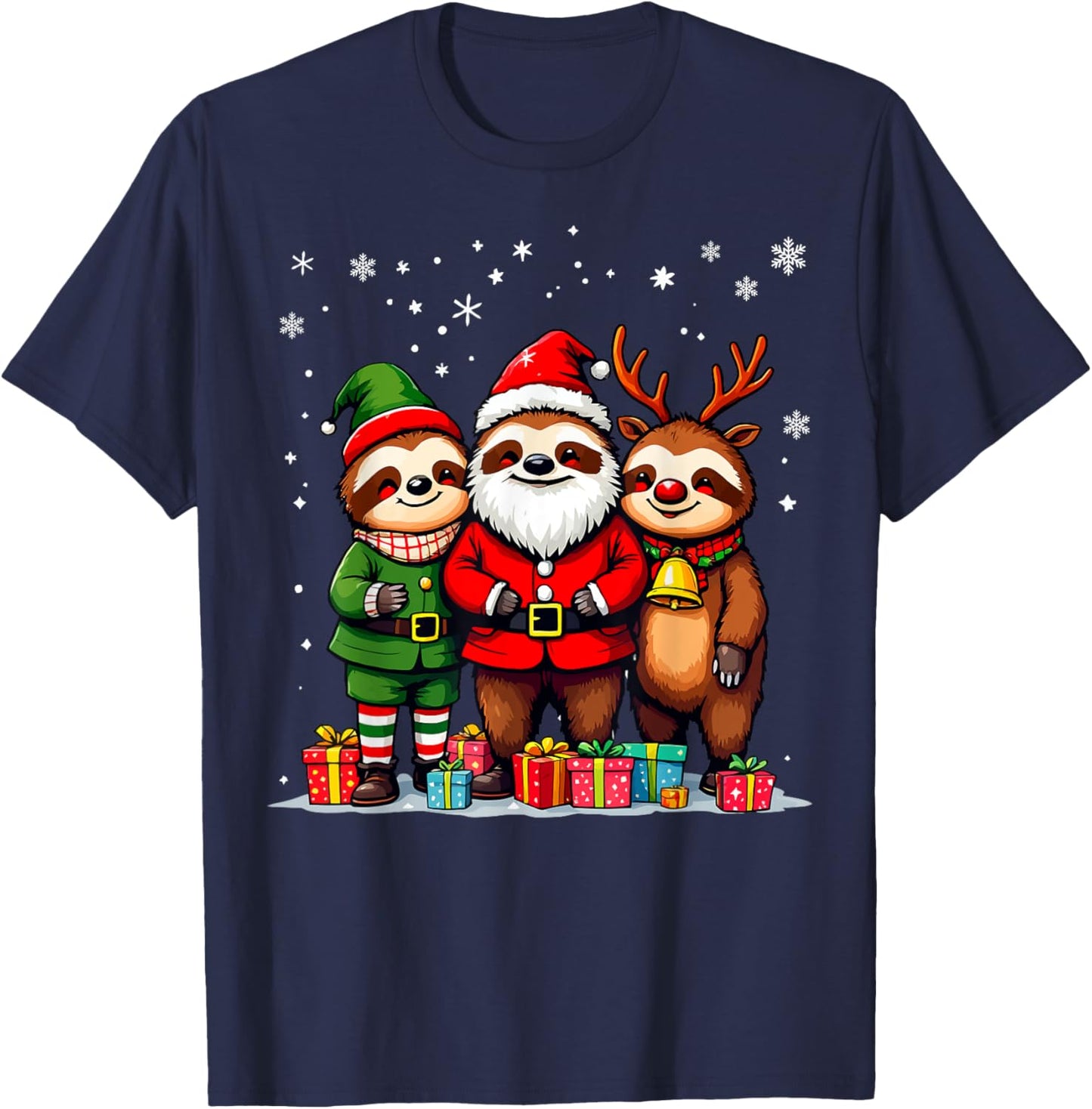 Cute Christmas Sloths in Santa Elf and Reindeer Costumes T-Shirt - T-Shirt | Navy