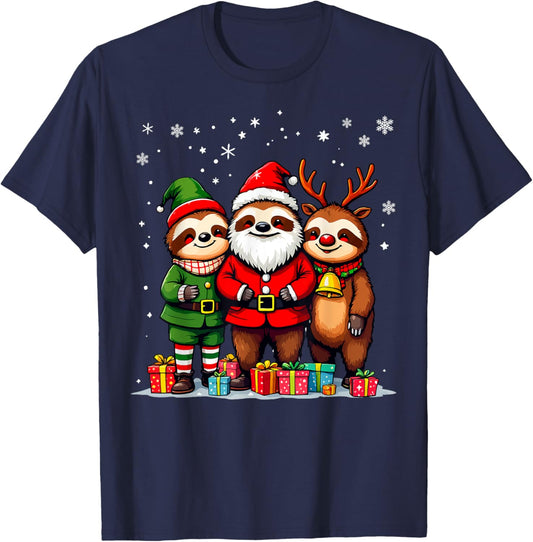 Cute Christmas Sloths in Santa Elf and Reindeer Costumes T-Shirt - T-Shirt | Navy