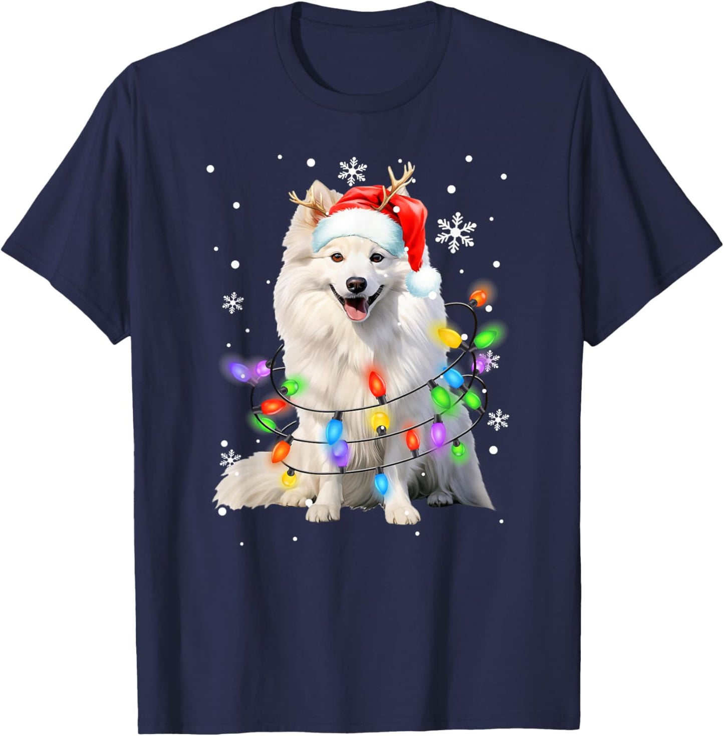 American Eskimo dog Christmas Sweater Dog Xmas Lights Men Women Kids T-Shirt - T-Shirt | Navy