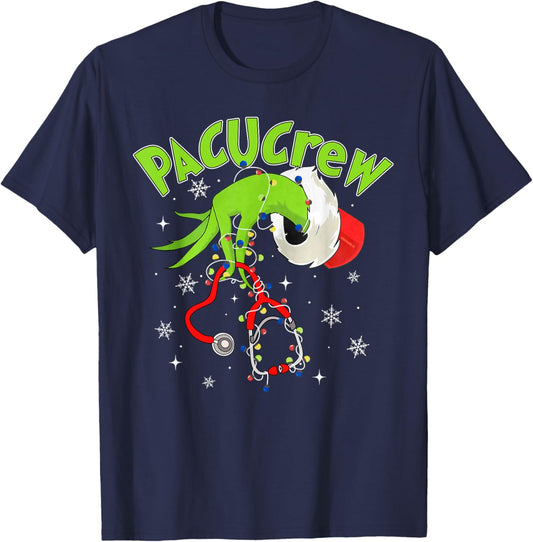 Nurse Christmas Stethoscope PACU Crew Xmas Lights Pajamas -Adults Black Small T-Shirt - T-Shirt | Navy