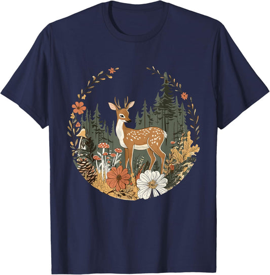 Cottagecore Deer T-Shirt - T-Shirt | Navy