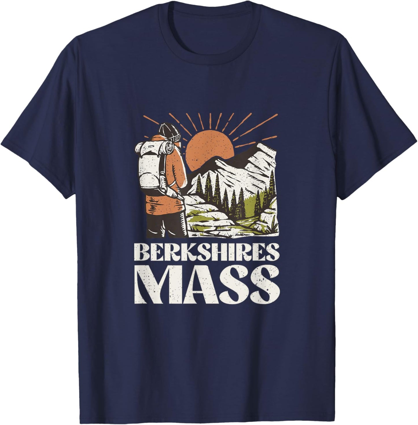 Vintage Hiker on Mountain Berkshires Mass Hiking T-Shirt - T-Shirt | Navy