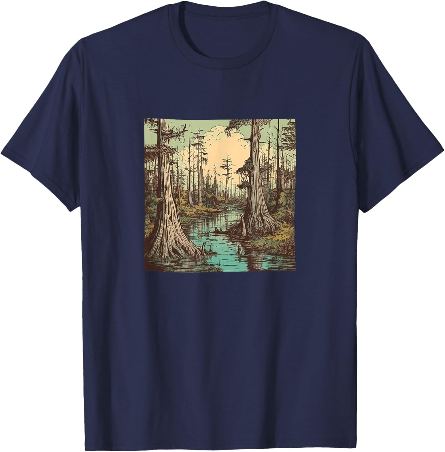 Swamp With Cypress Trees Vintage Landscape Graphic T-Shirt - T-Shirt | Navy