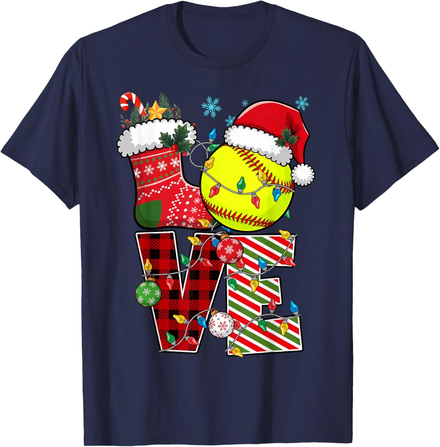 Love Softball Christmas Santa Hat Softball Plaid Color Xmas T-Shirt - T-Shirt | Navy