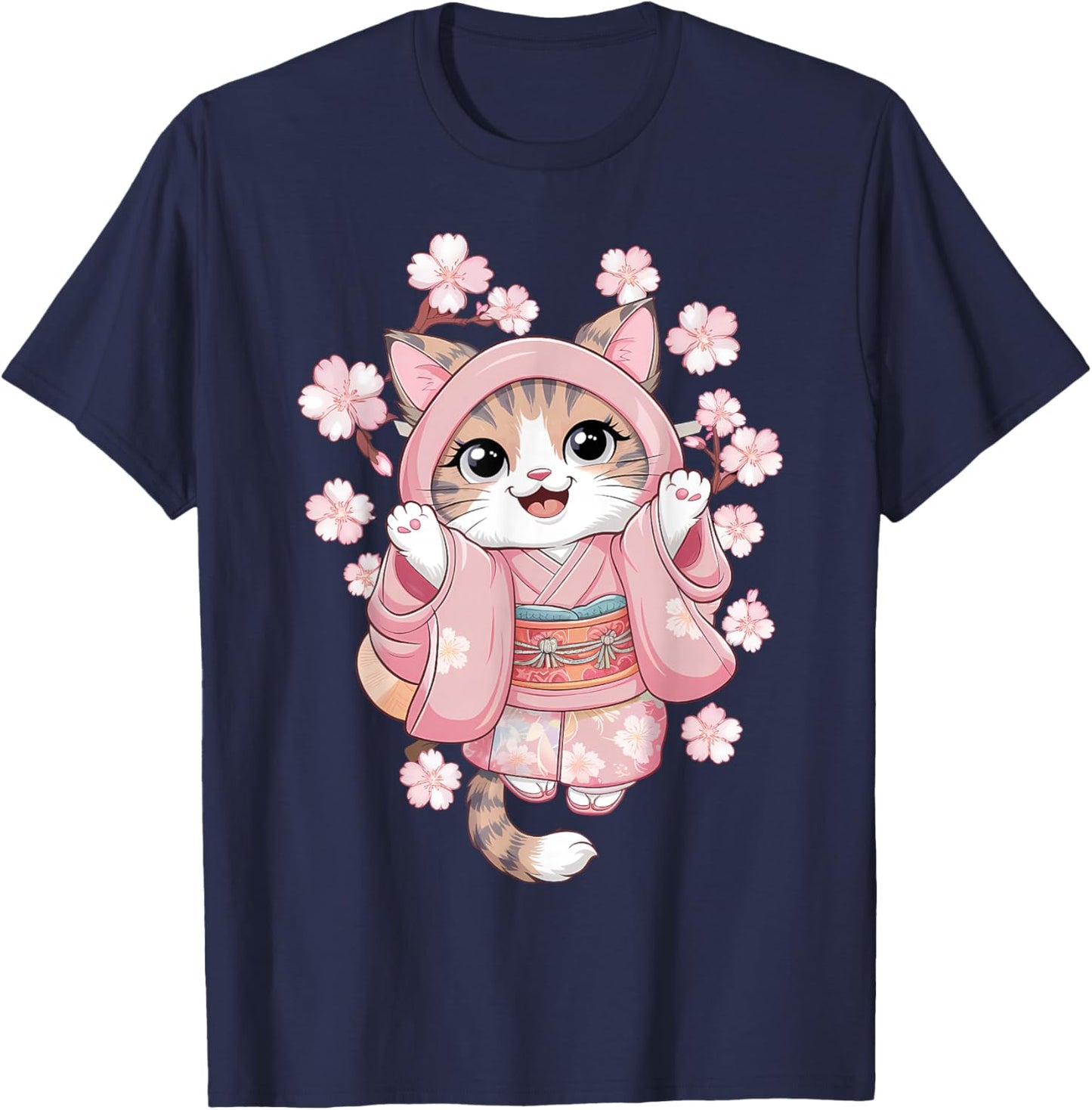 Cherry Blossom Japanese Anime Kawaii Cat Kimono Dress T-Shirt - T-Shirt | Navy
