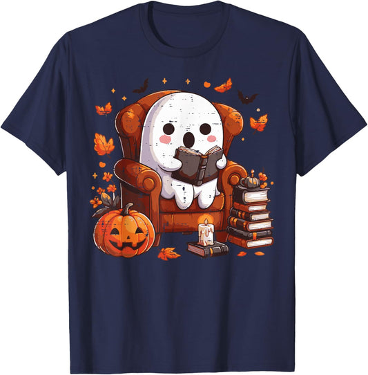 Halloween Ghost Chair Reading Fall Costume Men Women Kids T-Shirt - T-Shirt | Navy