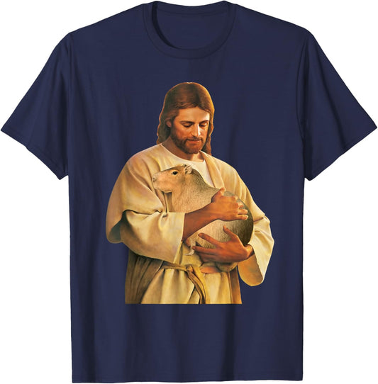 Funny Meme Capybara Lover Cute Jesus Holding Capybara Joke T-Shirt - T-Shirt | Navy