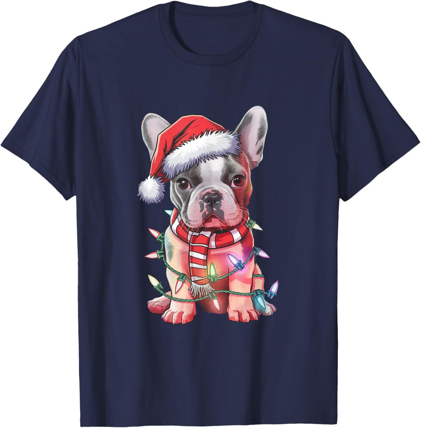 Christmas Lights French Bulldog Santa Hat Funny Dog Xmas Men Women Kids T-Shirt - T-Shirt | Navy