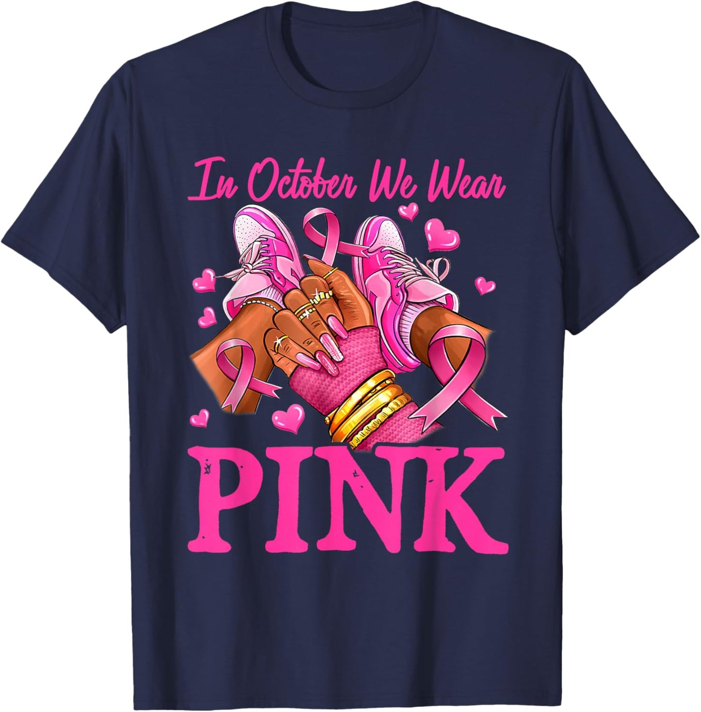 In October We Wear Pink Black Women Breast Cancer Awareness T-Shirt - T-Shirt | Navy