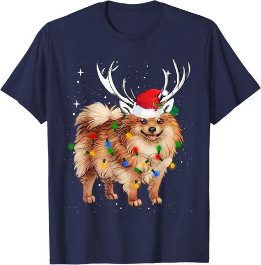 Pomeranian Christmas Dog Costume Pajama Santa Hat Merry Xmas Women Kids T-Shirt - T-Shirt | Navy