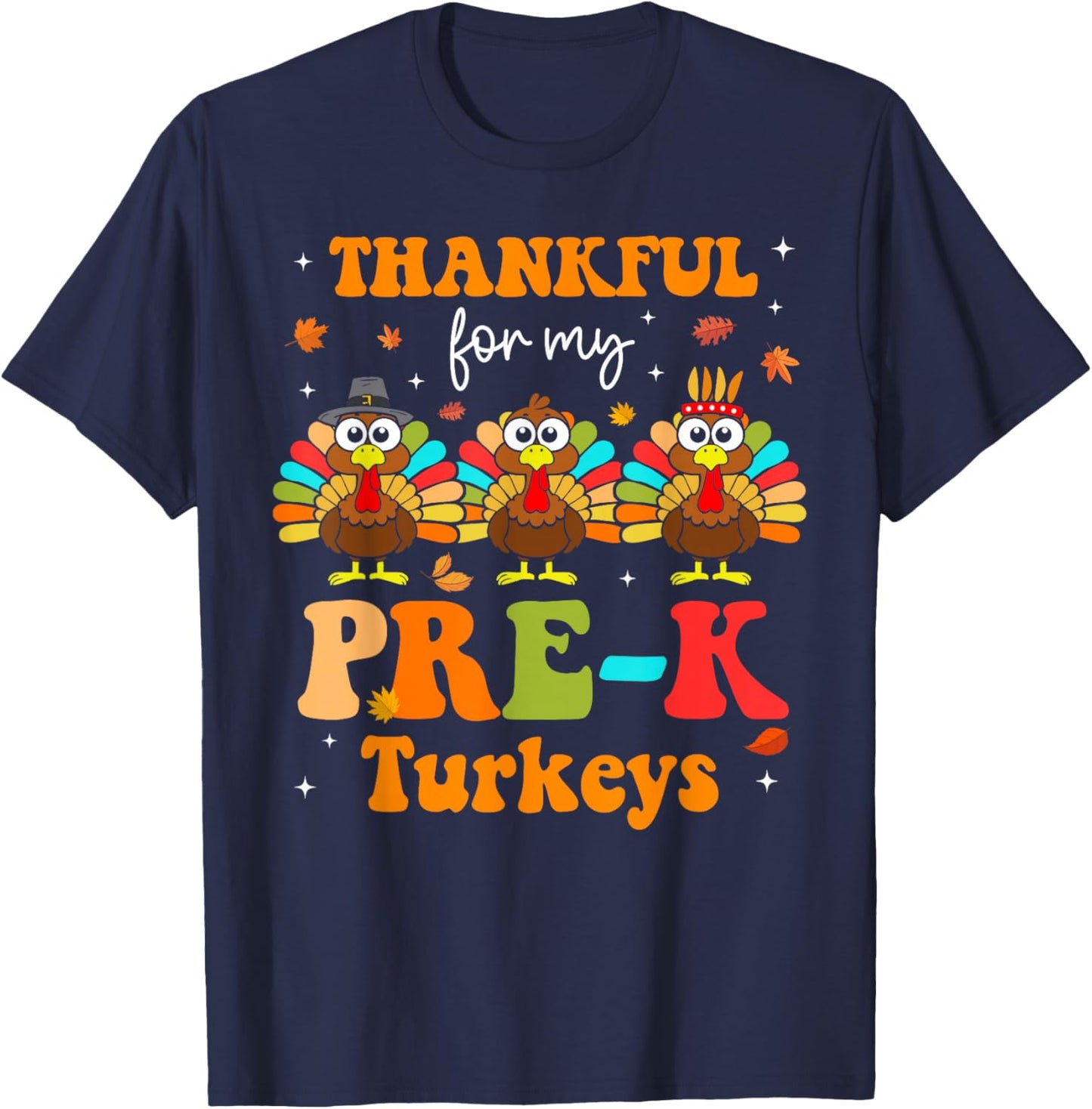 Groovy Thankful For My Pre-K Turkey Thanksgiving Teacher T-Shirt - T-Shirt | Navy