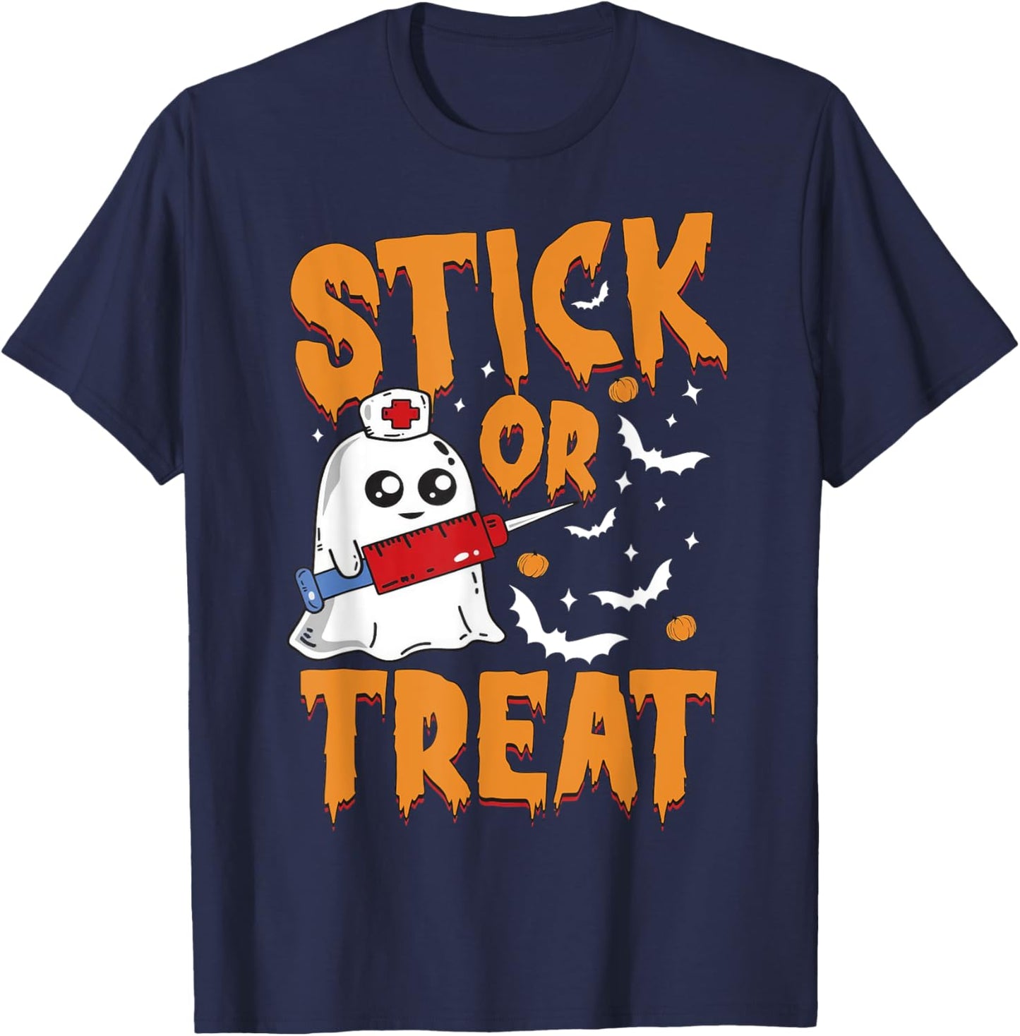 Stick Or Treat Ghost Nurse Phlebotomy Tech Halloween Costume T-Shirt - T-Shirt | Navy