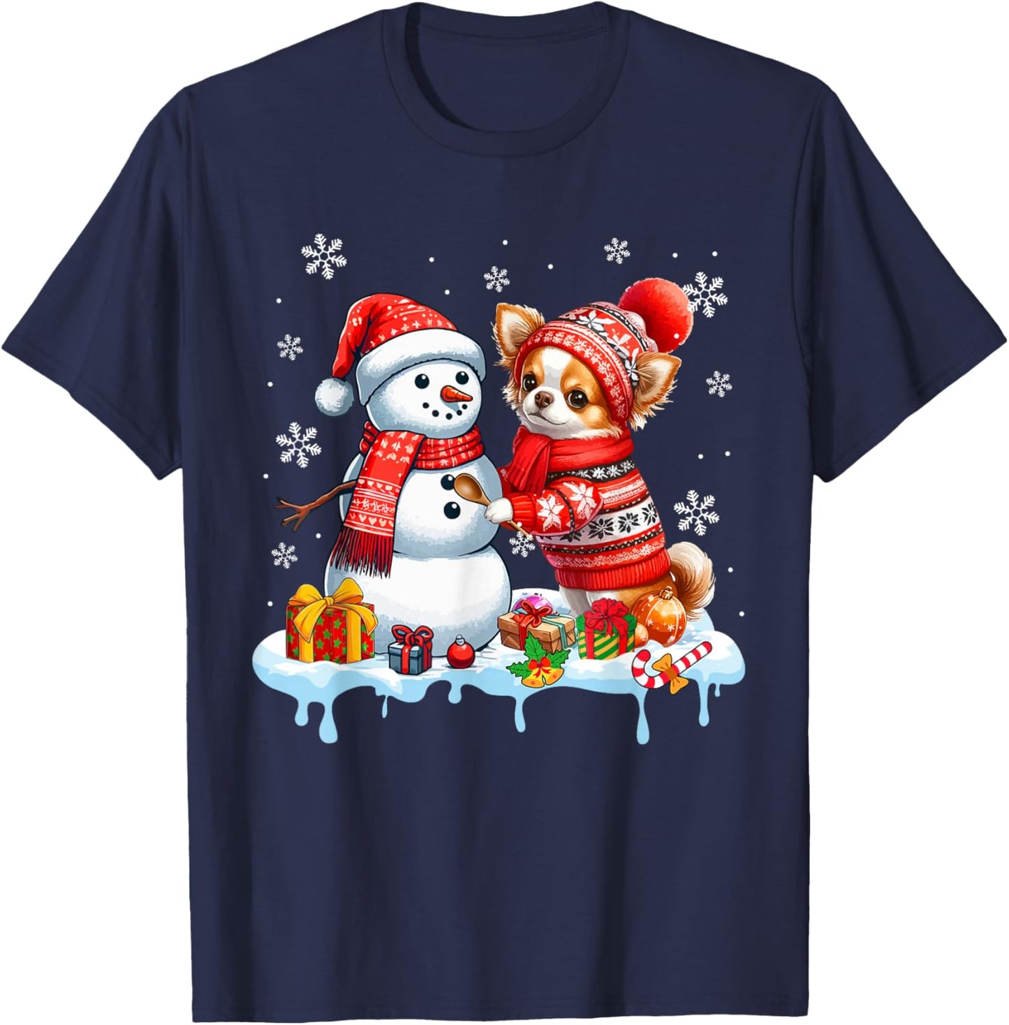 Santa Chihuahua Builds Snowman Christmas Dog Owner Kids T-Shirt - T-Shirt | Navy