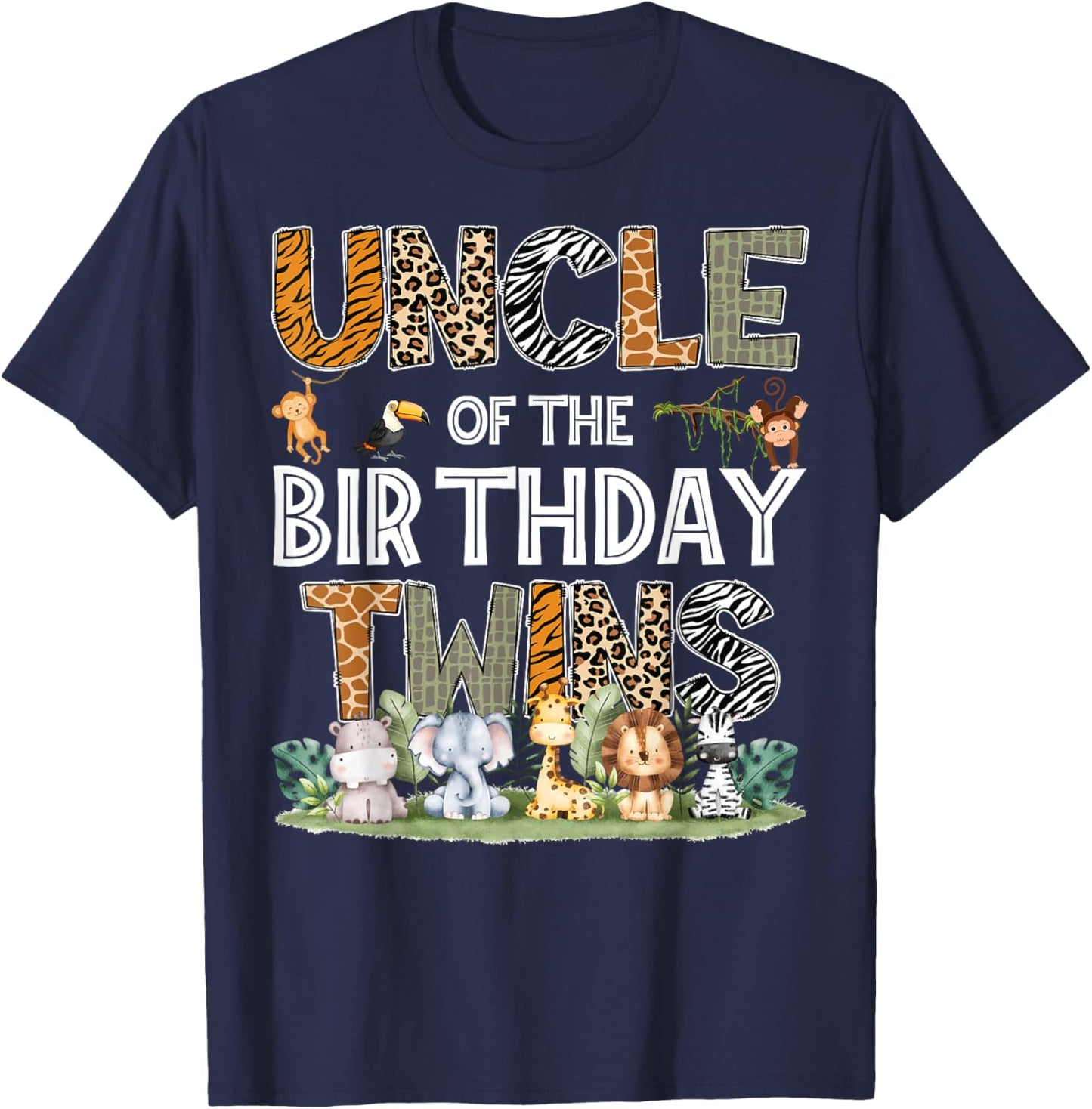 Uncle Of The Birthday Twins Safari Wild One Zoo Animal T-Shirt - T-Shirt | Navy