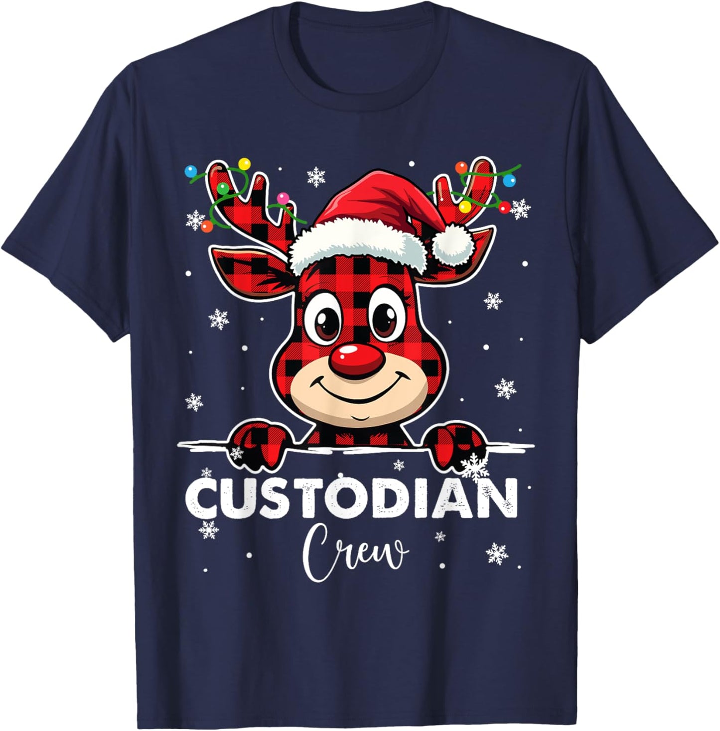 Funny Red Plaid Reindeer Custodian Crew Christmas Merry Xmas T-Shirt - T-Shirt | Navy