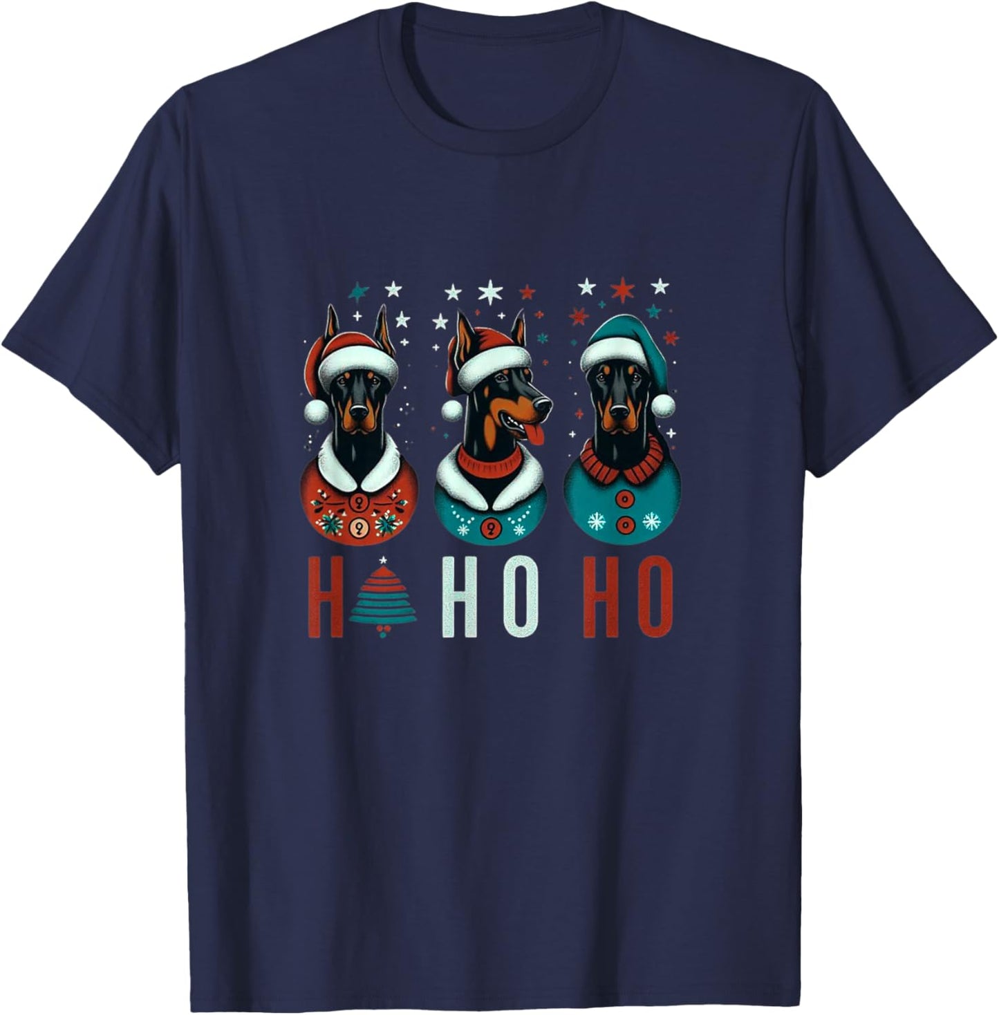 Christmas Doberman with Santa Hat Doberman Christmas T-Shirt - T-Shirt | Navy
