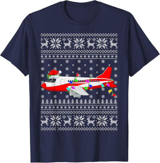 Ugly Sweater Xmas Lights Santa Hat Airplane Christmas T-Shirt - T-Shirt | Navy