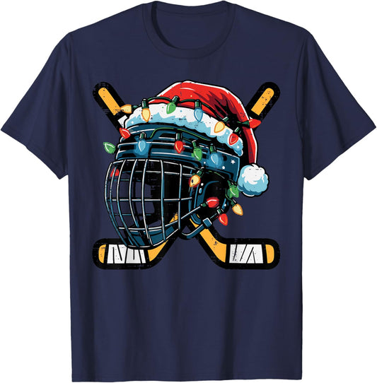 Christmas Ice Hockey Helmet Santa Xmas Men Boys Kids Teen T-Shirt - T-Shirt | Navy