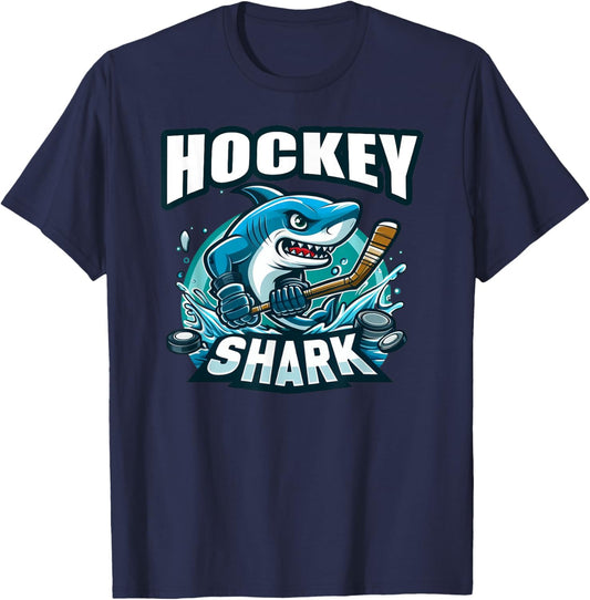 Shark Playing Hockey Funny Hockey T-Shirt - T-Shirt | Navy