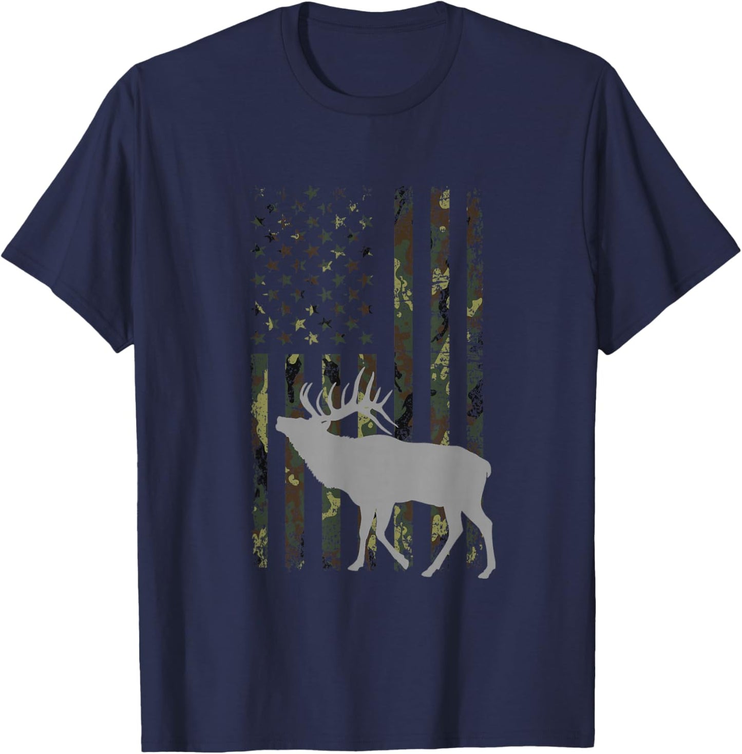 Elk Hunting Camouflage Flag Hunter American Flag Hunting T-Shirt - T-Shirt | Navy